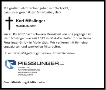Traueranzeige von Karl Möslinger von OÖNachrichten