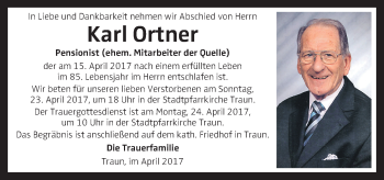 Traueranzeige von Karl Ortner von OÖNachrichten