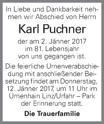 Traueranzeige von Karl Puchner von OÖNachrichten