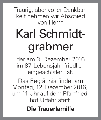 Traueranzeige von Karl Schmidtgrabmer von OÖNachrichten