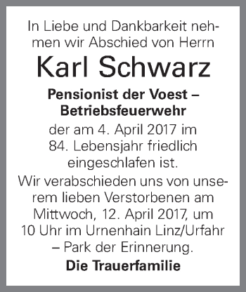 Traueranzeige von Karl Schwarz von OÖNachrichten