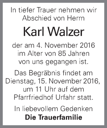 Traueranzeige von Karl Walzer von OÖNachrichten