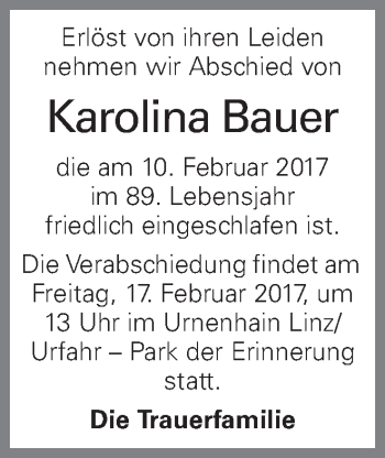 Traueranzeige von Karolina Bauer von OÖNachrichten