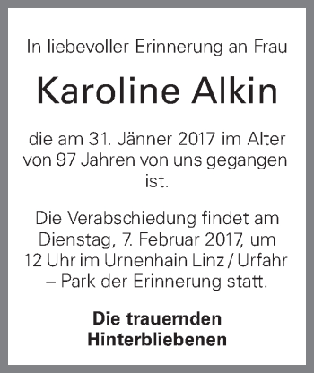 Traueranzeige von Karoline Alkin von OÖNachrichten
