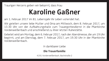 Traueranzeige von Karoline Gaßner von OÖNachrichten