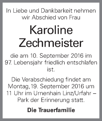 Traueranzeige von Karoline Zechmeister von OÖNachrichten