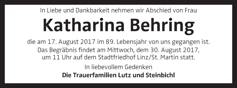  Traueranzeige für Katharina Behring vom 28.08.2017 aus OÖNachrichten