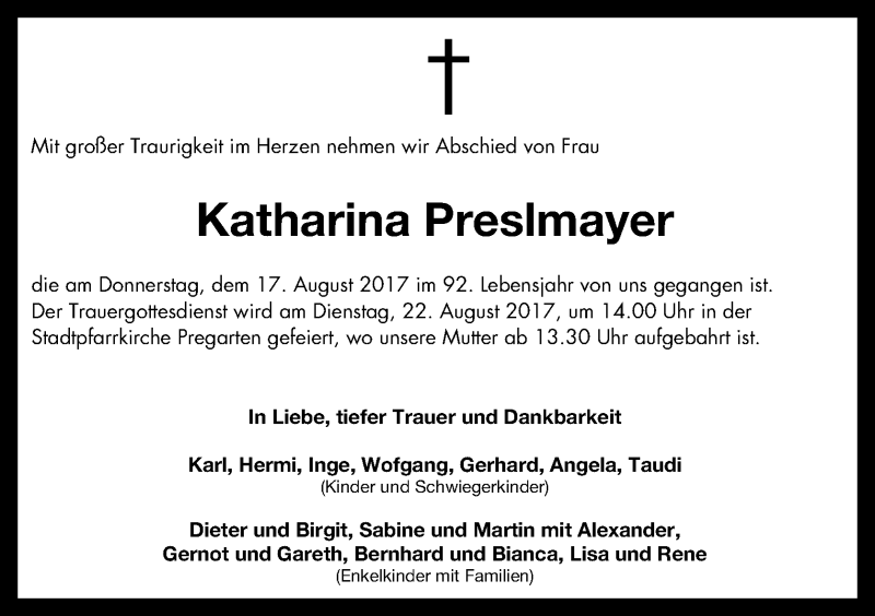  Traueranzeige für Katharina Preslmayer vom 22.08.2017 aus OÖNachrichten