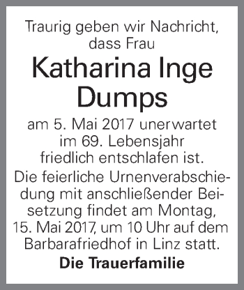 Traueranzeige von Katharina Inge Dumps von OÖNachrichten