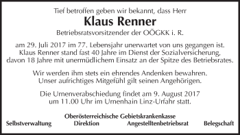Traueranzeige von Klaus Renner von OÖNachrichten
