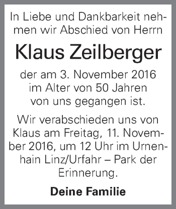 Traueranzeige von Klaus Zeilberger von OÖNachrichten