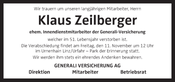 Traueranzeige von Klaus Zeilberger von OÖNachrichten