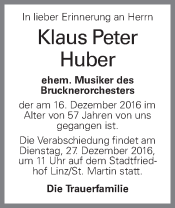 Traueranzeige von Klaus Peter Huber von OÖNachrichten