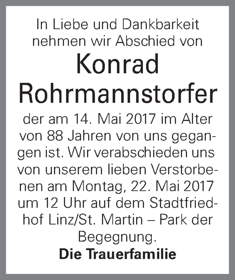  Traueranzeige für Konrad Rohrmannstorfer vom 19.05.2017 aus OÖNachrichten
