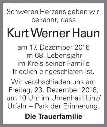 Traueranzeige von Kurt Werner Haun von OÖNachrichten