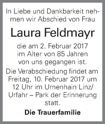 Traueranzeige von Laura Feldmayr von OÖNachrichten