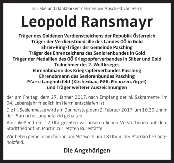 Traueranzeige von Leopold Ransmayr von OÖNachrichten