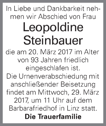 Traueranzeige von Leopoldine Steinbauer von OÖNachrichten