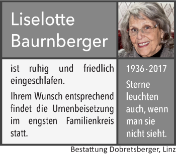 Traueranzeige von Liselotte Baurnberger von OÖNachrichten