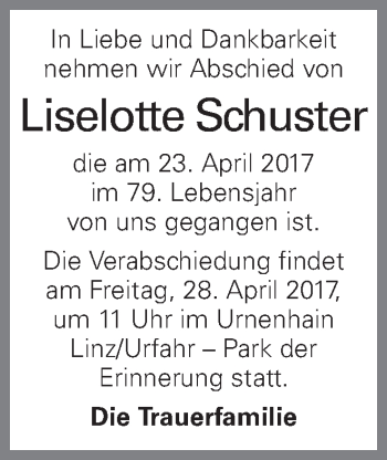 Traueranzeige von Liselotte Schuster von OÖNachrichten