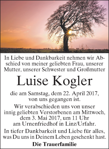 Traueranzeige von Luise Kogler von OÖNachrichten