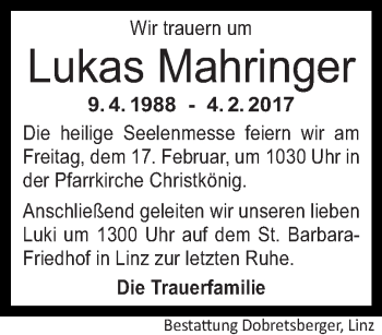 Traueranzeige von Lukas Mahringer von OÖNachrichten