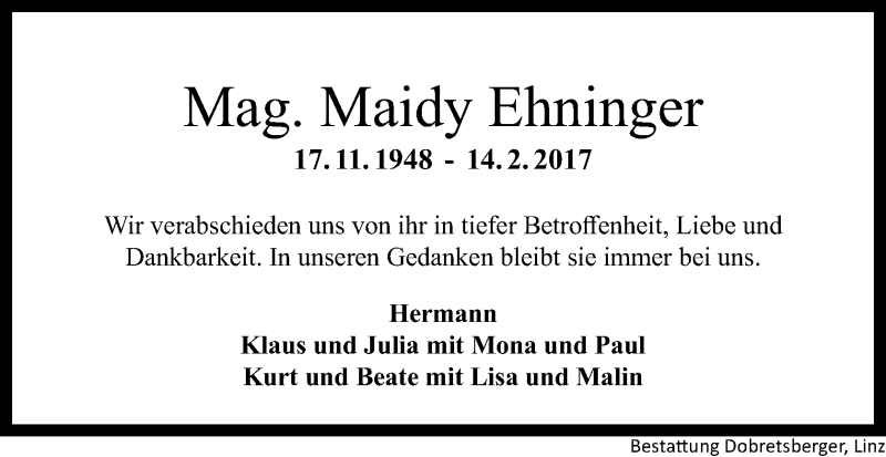  Traueranzeige für Maidy Ehninger vom 18.02.2017 aus OÖNachrichten