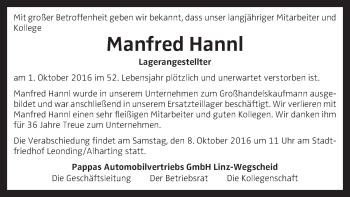 Traueranzeige von Manfred Hannl von OÖNachrichten