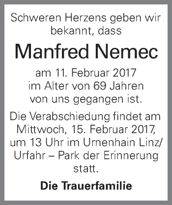 Traueranzeige von Manfred Nemec von OÖNachrichten