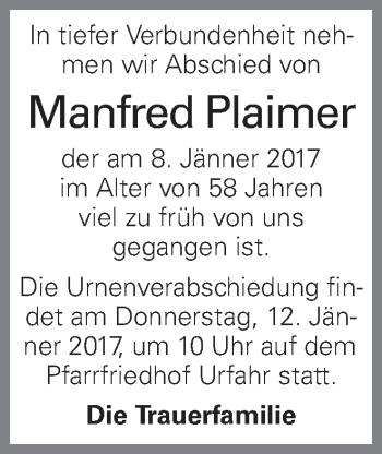 Traueranzeige von Manfred Plaimer von OÖNachrichten
