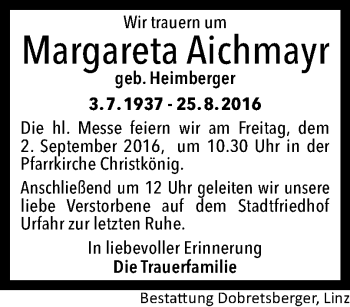 Traueranzeige von Margareta Aichmayr von OÖNachrichten