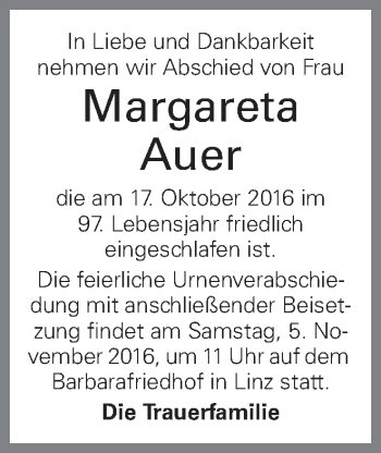 Traueranzeige von Margareta Auer von OÖNachrichten