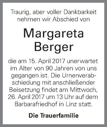 Traueranzeige von Margareta Berger von OÖNachrichten