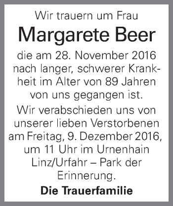 Traueranzeige von Margarete Beer von OÖNachrichten