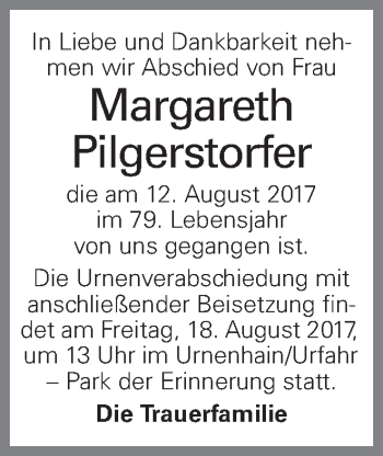 Traueranzeige von Margareth Pilgerstorfer von OÖNachrichten