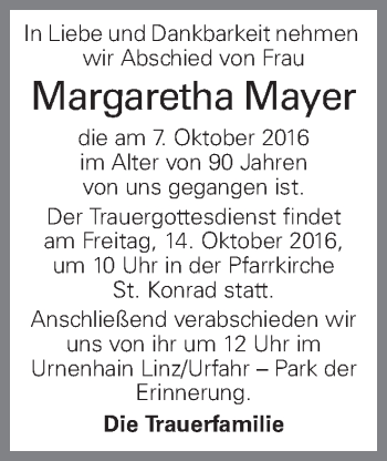 Traueranzeige von Margaretha Mayer von OÖNachrichten