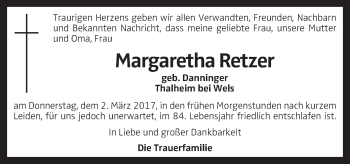 Traueranzeige von Margaretha Retzer von OÖNachrichten