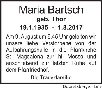 Traueranzeige von Maria Bartsch von OÖNachrichten