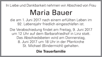 Traueranzeige von Maria Bauer von OÖNachrichten