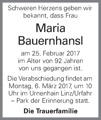 Traueranzeige von Maria Bauernhansl von OÖNachrichten