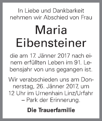 Traueranzeige von Maria Eibensteiner von OÖNachrichten
