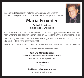 Traueranzeige von Maria Frixeder von OÖNachrichten