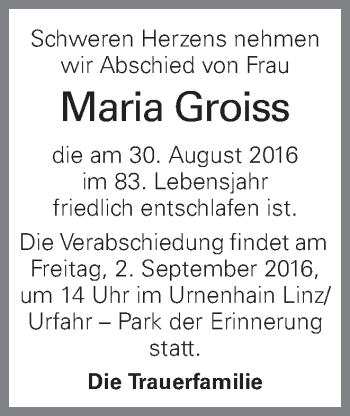 Traueranzeige von Maria Groiss von OÖNachrichten