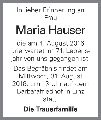 Traueranzeige von Maria Hauser von OÖNachrichten