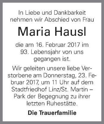 Traueranzeige von Maria Hausl von OÖNachrichten