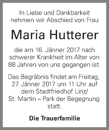 Traueranzeige von Maria Hutterer von OÖNachrichten
