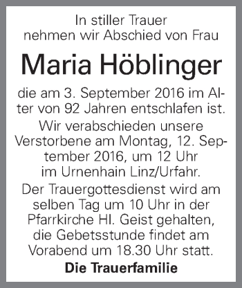 Traueranzeige von Maria Höblinger von OÖNachrichten