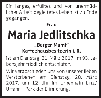 Traueranzeige von Maria Jedlitschka von OÖNachrichten