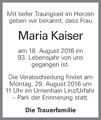 Traueranzeige von Maria Kaiser von OÖNachrichten