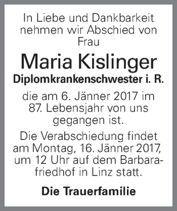 Traueranzeige von Maria Kislinger von OÖNachrichten